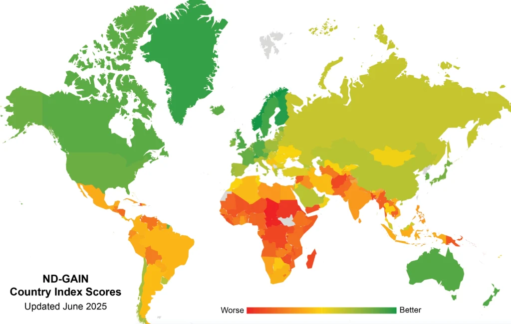 Climate vulnerability and adaptation readiness by country. Source: ND-GAIN Country Index.